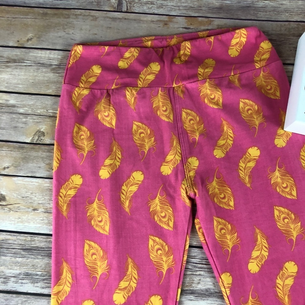 22 LuLaRoe Pink with Yellow Feather Leggings. Size OS - Picture 2 of 4
